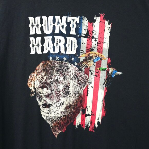 Hunt Hard Graphic T Shirt Mens Size 2XL Retriever Mallard Ducks Flag Tee Black - Picture 3 of 15